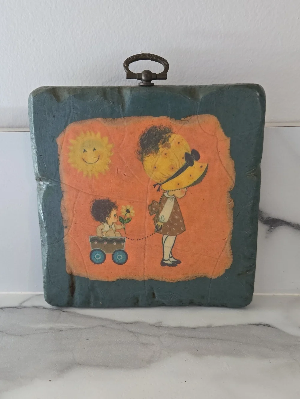 Vintage Cute Kids Wall Plaque — Teal & Orange Kitchy Twee